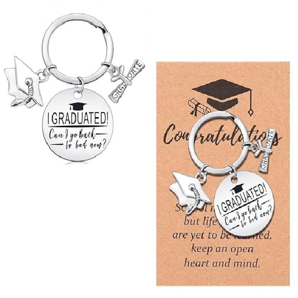 Graduation Gift CAN I GO BACK TO BED NOW Funny Grad Keychain Jewelry NEW SEALED